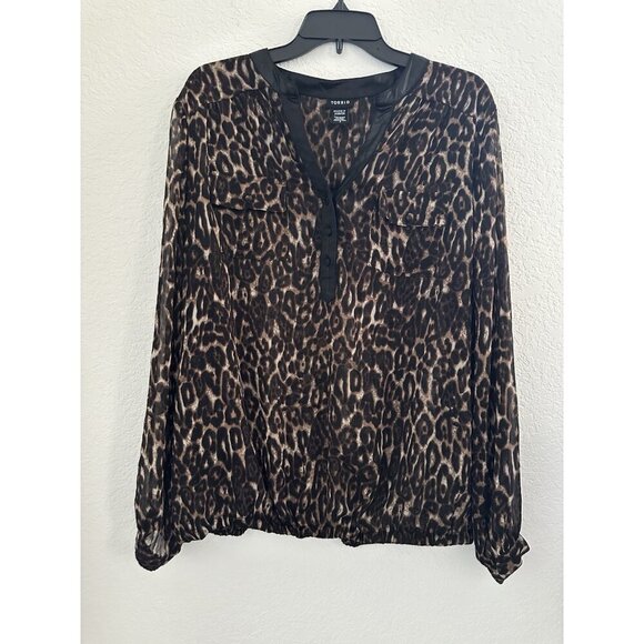 TORRID Women's Top Sz. 2 Lightweight Chiffon Leopard Contrast Trim L/S Sheer - Picture 1 of 12